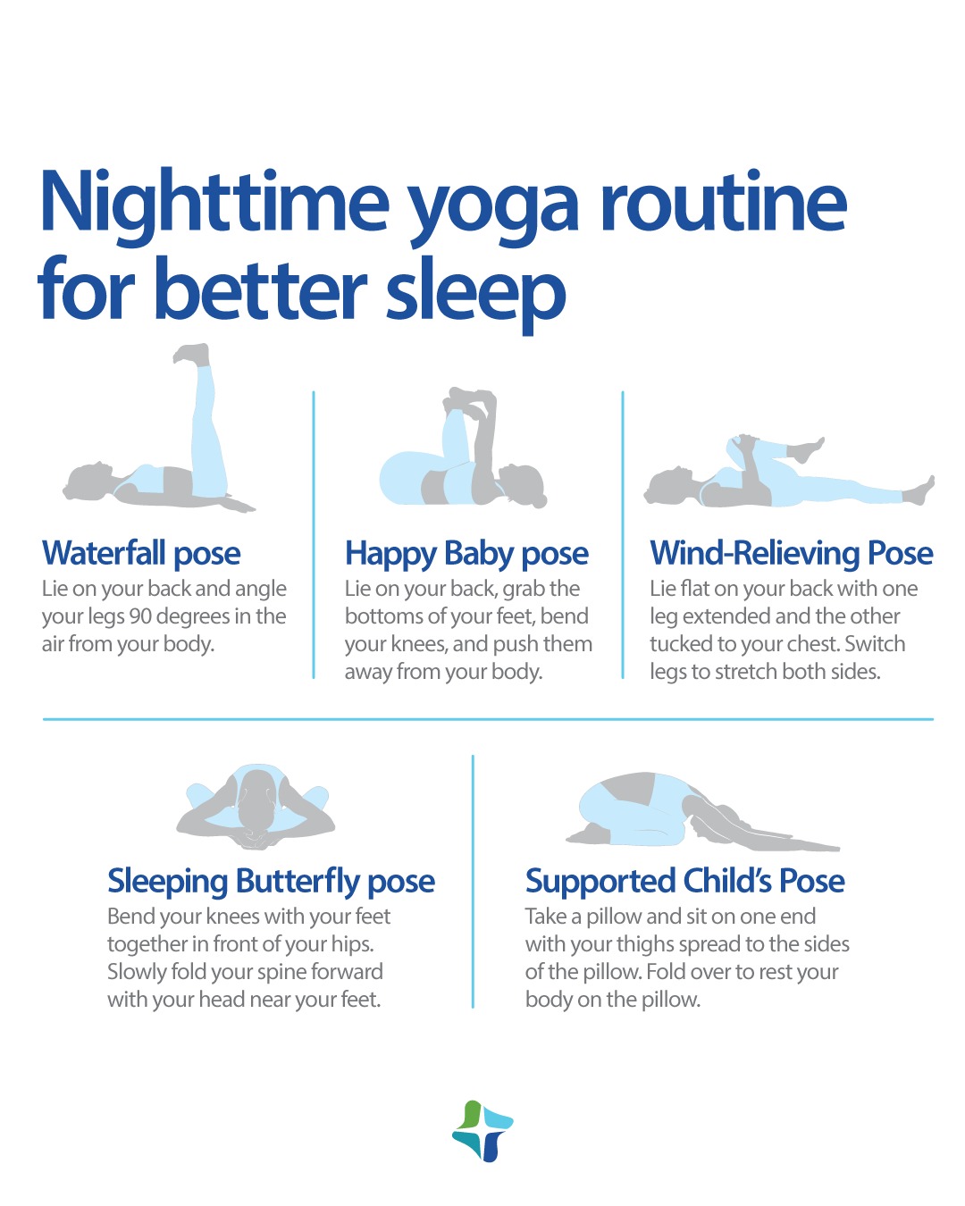 Infographic showing 5 yoga nidra poses, like Waterfall and Child’s Pose, to improve sleep. 