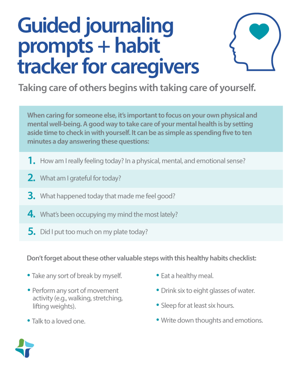 Infographic with prompts to journal and check in on your mental health, along with a healthy habits checklist for caregivers. 