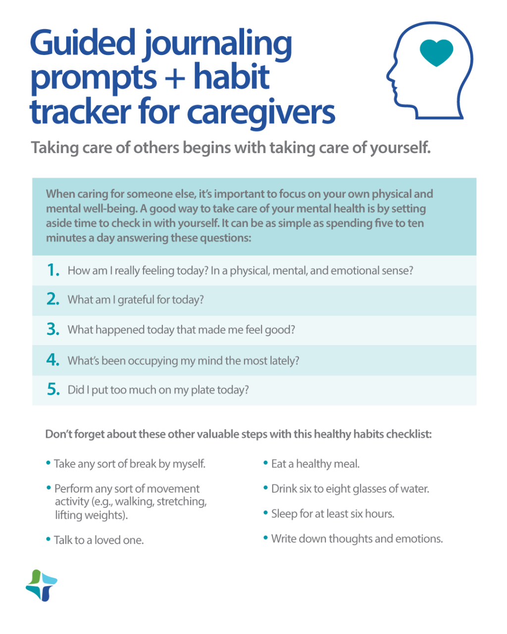 Infographic with prompts to journal and check in on your mental health, along with a healthy habits checklist for caregivers.