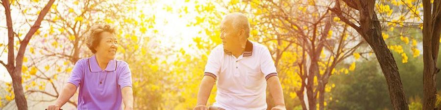 An older couple rides bikes in the park