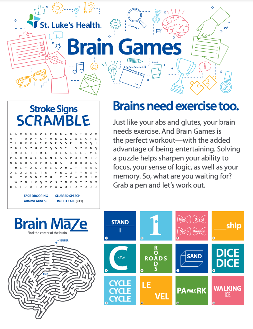 Brain Games Infographic that challenges people with various word play images, a crossword puzzle outlining the signs of stroke, and a brain maze.