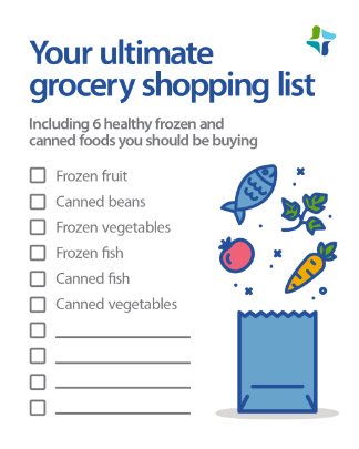 A checklist of healthy frozen and canned foods such as frozen fruit, fish, and vegetables and canned beans, fish, and vegetables, and blanks to fill in, headlined by the words “Your ultimate grocery shopping list, including six healthy frozen and canned foods you should be buying.”