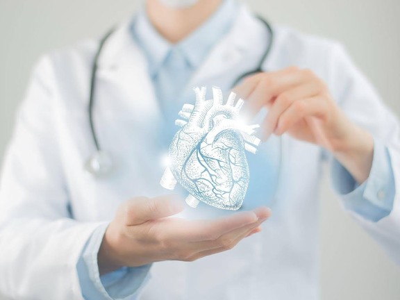 A doctor holding a hologram demonstrating the heart.