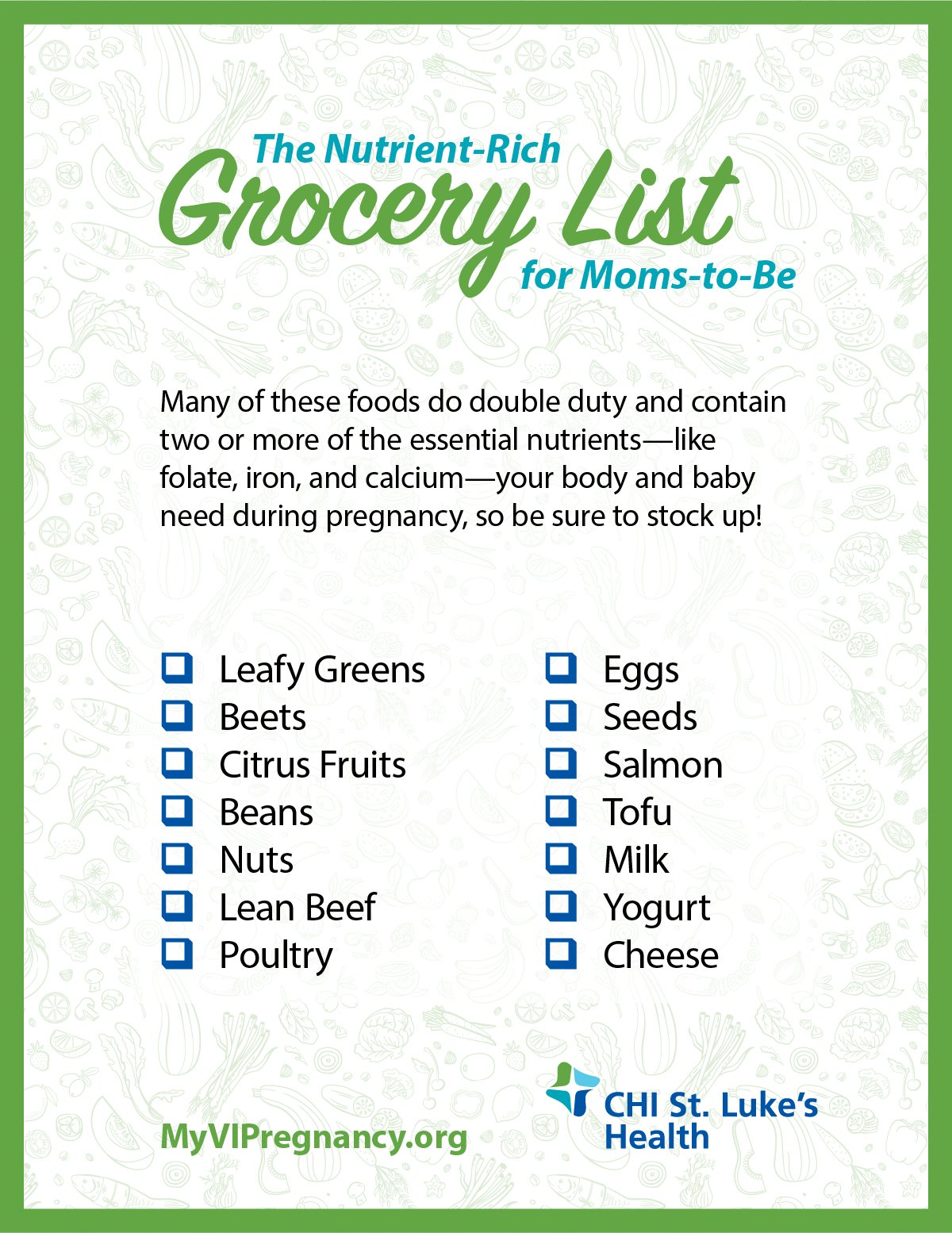 Healthy grocery list for pregnant women to download