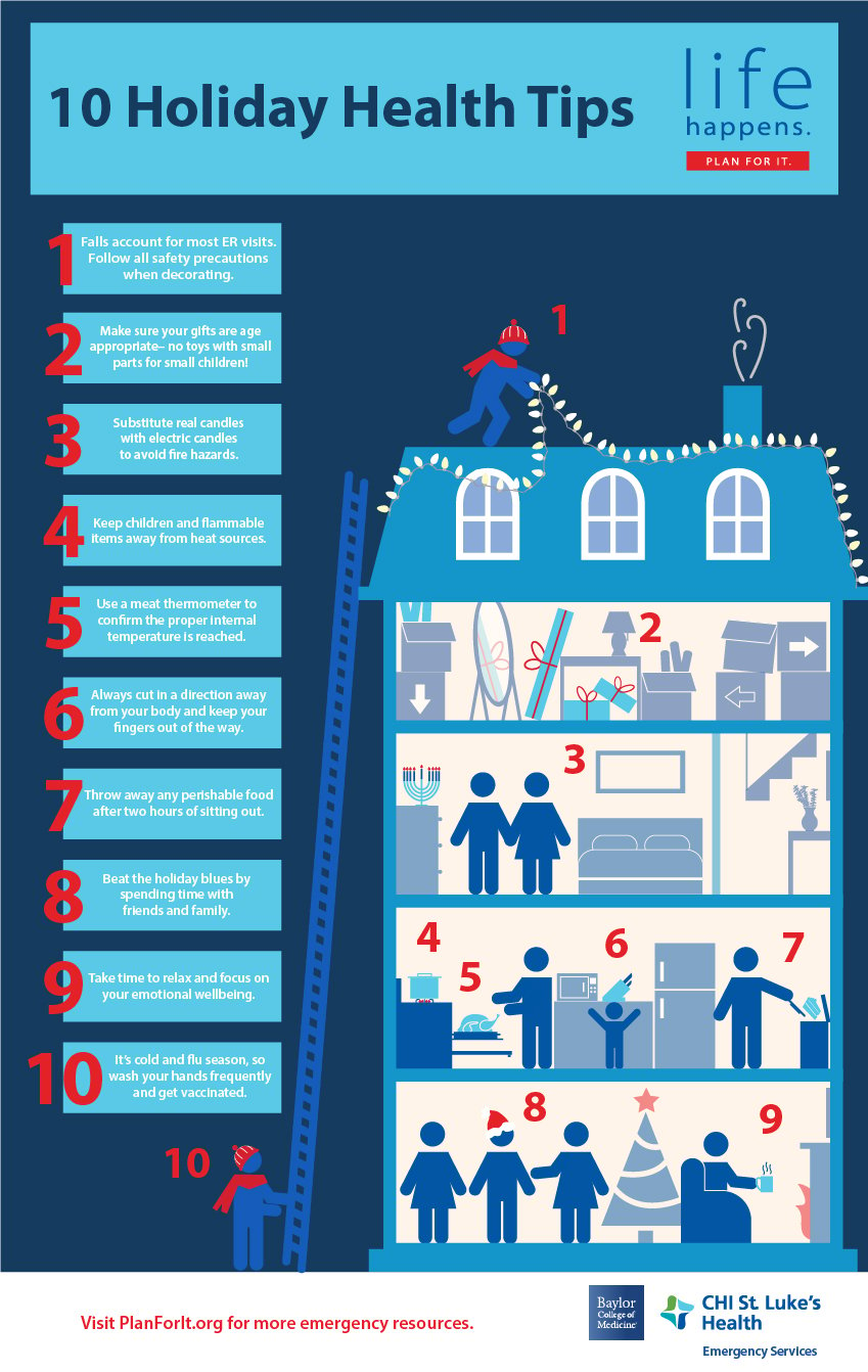 An infographic shows 10 easy holiday health tips to follow.