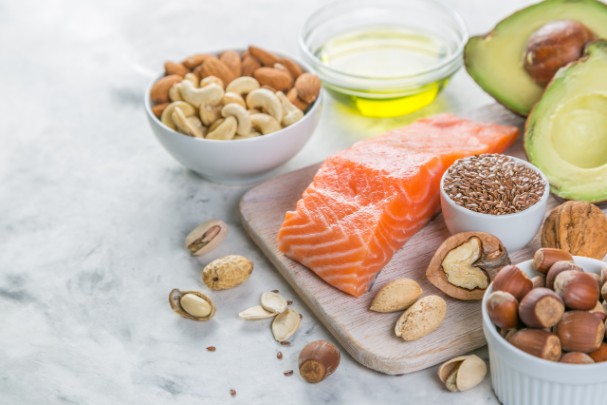 Fatty fish, oils, avocados, and nuts 
