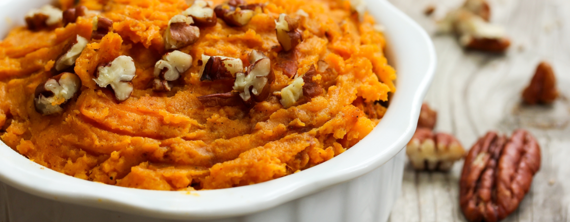 Whipped sweet potatoes with toasted pecans recipe for Thanksgiving to avoid GERD symptoms