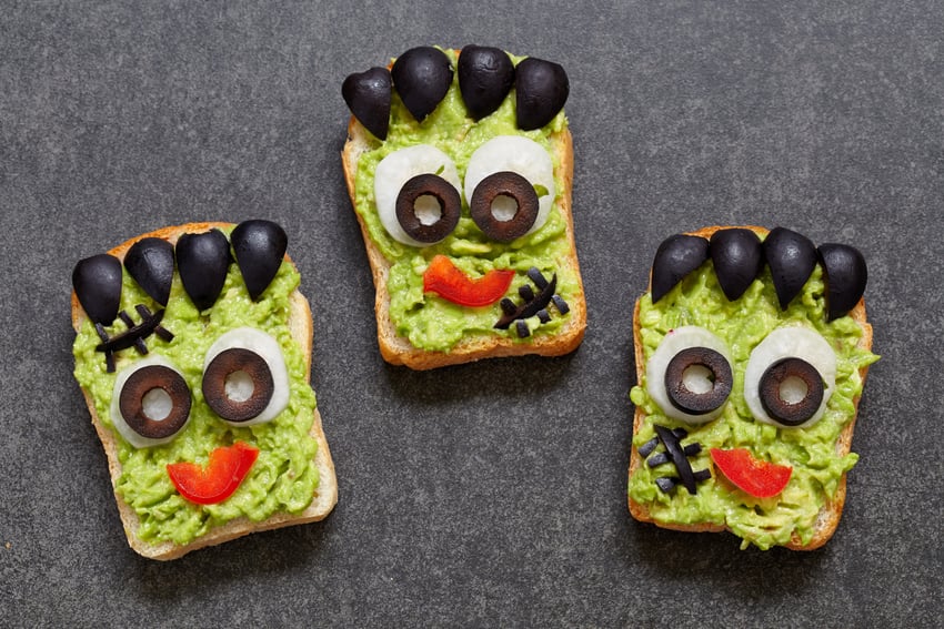 Toast has a Frankenstein face made out of food. 
